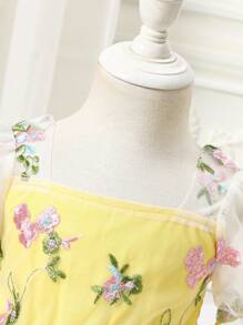 SHEIN Glamorique Kids Váy công chúa hoa lưới tay bồng màu hồng thanh lịch cho bé gái mùa xuân/hè - Màu vàng - Xem 5