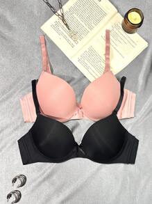 SHEIN 2件装隐形光滑舒适无钢圈文胸，带提升效果，适合女士 - 彩色 - 查看 1