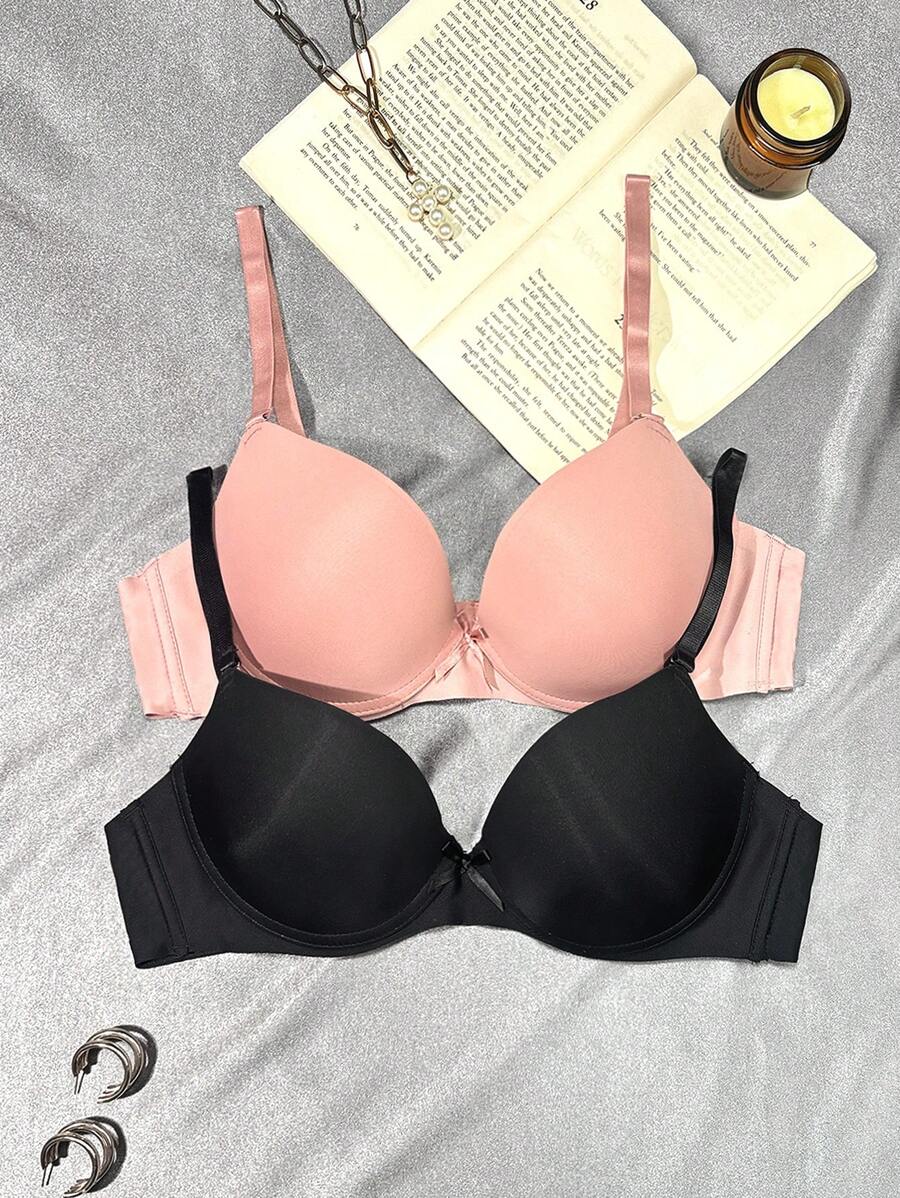 SHEIN 2件装隐形光滑舒适无钢圈文胸，带提升效果，适合女士 - 彩色 - 查看 1
