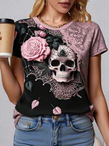 EMERY ROSE Summer Leisure Women's Casual Skull Print Short Sleeve T-Shirt Graphic Tees Women Tops