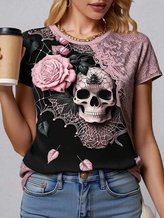 EMERY ROSE Sommer Lässig Damen Lässig Totenkopf Muster Kurzarm T-Shirt Grafik Tops für Frauen