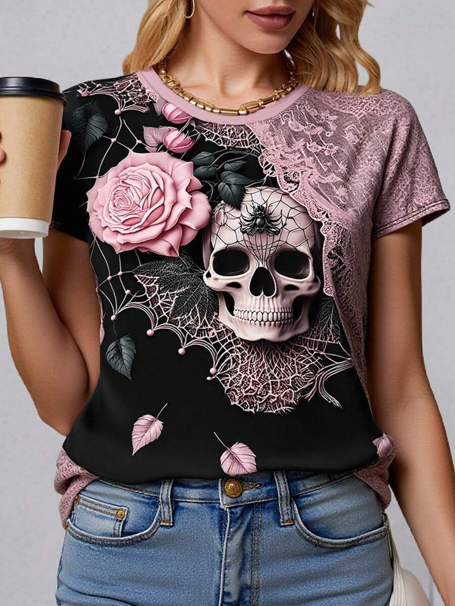 EMERY ROSE Summer Leisure Women's Casual Skull Print Short Sleeve T-Shirt Graphic Tees Women Tops