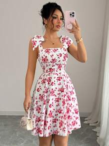 Elenzga 全新碎花肩部蝴蝶结腰部 A 字形休闲优雅度假迷你连衣裙，适合女士 - 紅色 - 查看 5