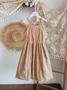 SHEIN Vestido de tirantes bordado con diseño distintivo y de tejido de punto hueco para niñas en verano - Café - Ver 4