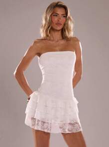 SHEIN BAE Váy mini thanh lịch màu đỏ rượu vang với viền ren hoa, tay dài, viền bèo nhún, thích hợp cho buổi tối hẹn hò, đi hộp đêm, tiệc sinh nhật, ngày lễ tình nhân - trắng - Xem 3
