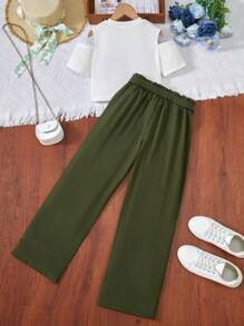 SHEIN 2 Stücke Set für Tween-Mädchen: Einfarbiges schulterfreies Kurzarm-T-Shirt und Hose, lässig