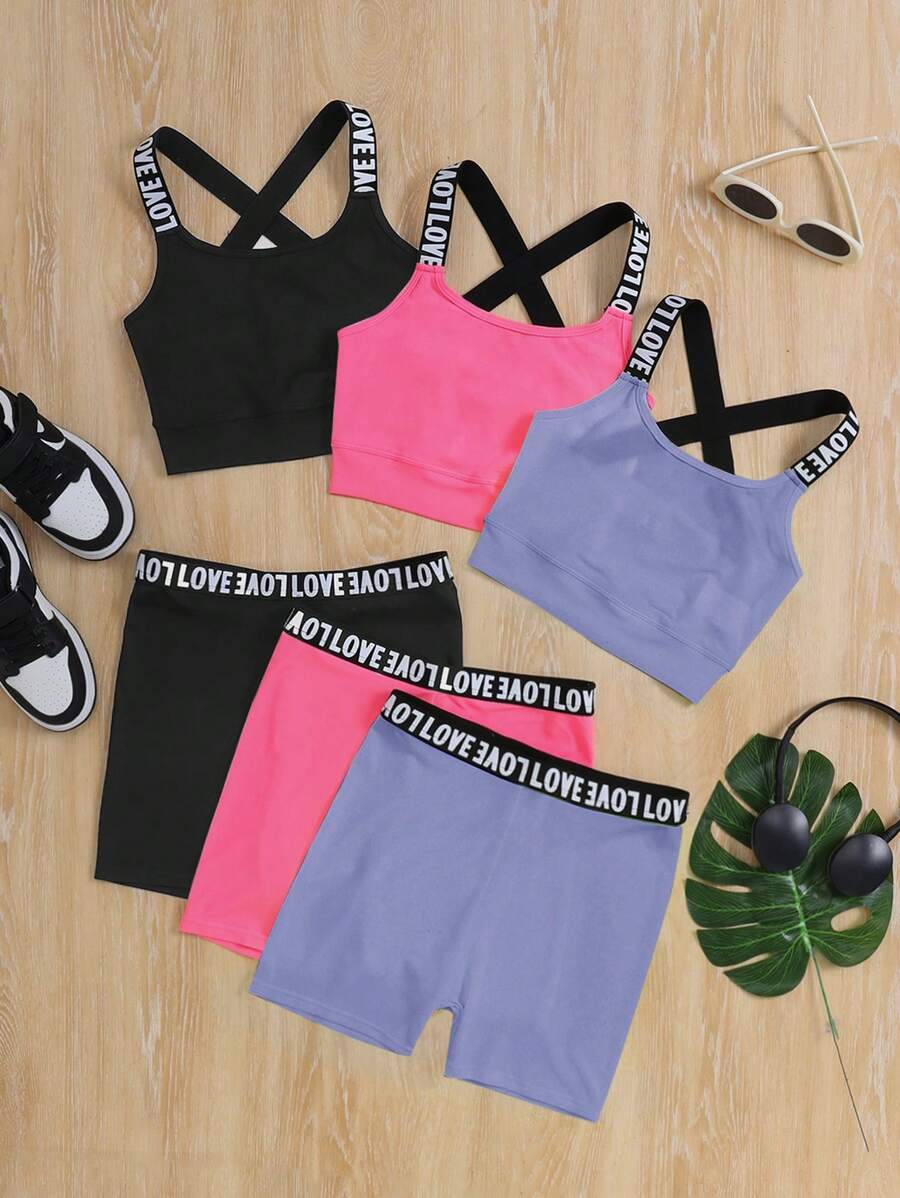 SHEIN Leap Crew 6件套少女针织纯色拼布字母装饰运动服 - 紫色 - 查看 1
