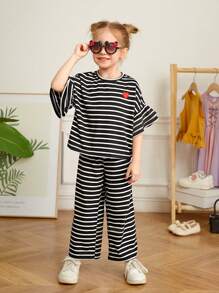 SHEIN Young Girl Striped Casual Casual Knit Top And Casual Knit Casual Pants Set - Black - View 4