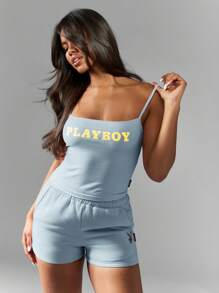 Missguided x Playboy 经典背心吊带夏季基本款运动休闲家居服时尚街头上衣运动装细肩带训练吊带背心 - 藍色 - 查看 4