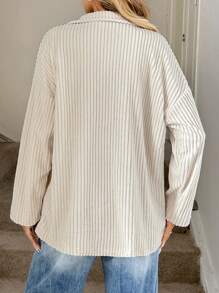 Easowa 缺口领金属扣前双口袋灯芯绒纹理衬衫式夹克，女士休闲优雅外套，适合秋冬季 - 杏色 - 查看 2