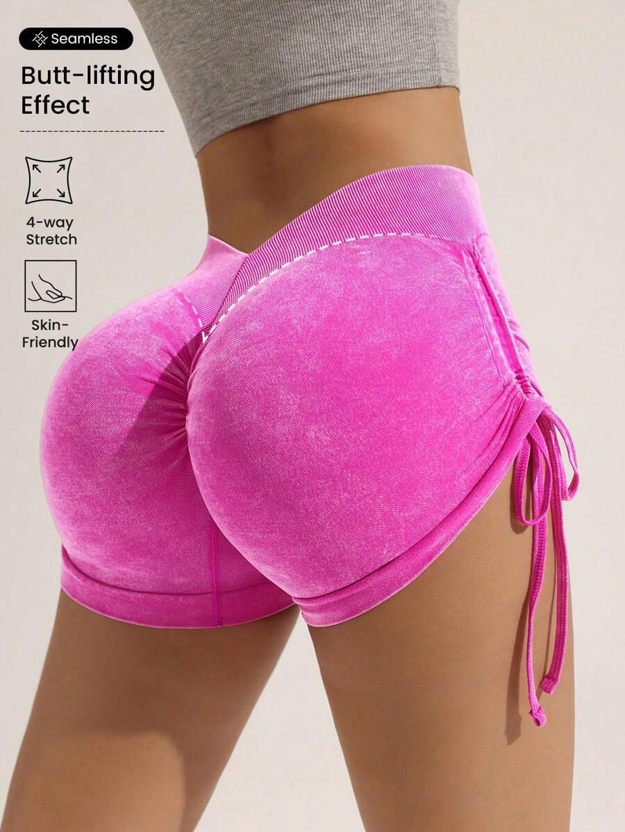 Slayform Slayform Shorts sin costuras de ejercicio con estiramientos altos, que levantan el trasero, con forro cepillado y cordón - Rosa Fucsia - Ver 1
