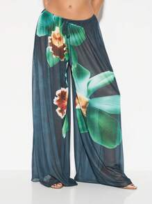 KIZN 网眼阔腿海滩度假裤夏季度假裤假日泳池罩衫飘逸休闲裤节日沙滩装透明 - 綠色 - 查看 5