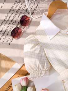 Vestido casual y elegante para niñas preadolescentes de estilo escolar, vestido acampanado con estampado de cuadros violeta, cuello de camisa, mangas abullonadas y cinturón, apto para vacaciones, colegio, primavera/verano