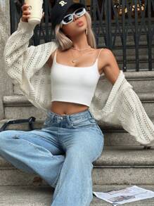 Drop Shoulder Hollow Out Lightweight Knit Cardigan - White - View 7