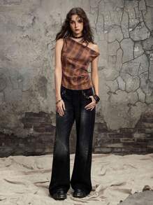 ROMWE Grunge Punk Áo sơ mi kẻ caro vai chéo xếp ly gợi cảm Y2K Retro dành cho nữ - Nhiều màu - Xem 6