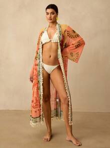 Travachic Kimono talla grande con mangas largas, estampado de palmeras y flecos