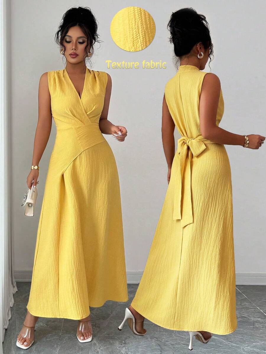 Elenzga Elenzga Women's Solid Color Elegant Asymmetric One-Piece Self-Tie Ruched Deep V Faux Denim Maxi Dress,Asymmetrical,Pleated,Fit,Knot,Deep V-Neck, V-Neck,Sleeveless,Wrap Dresses,Yellow,Texture Fabric,Stretch Fabric,Elegant Lady,Elegant,Going Out,Summer,Long Dresses