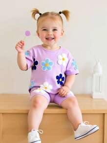 SHEIN 2pcs/Set Baby Girl Floral Print Round Neck Short Sleeve T-Shirt And Shorts Set - Mauve Purple - View 7