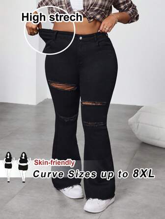 SHEIN CURVE+ Svarta jeans i plusstorlek, slitna skinny utsvängda jeans, bekväma högelastiska denim med fickor, fritidskläder