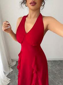 Modelyn V-Neck Halter Backless Waist Cinched Dress - Red - View 6