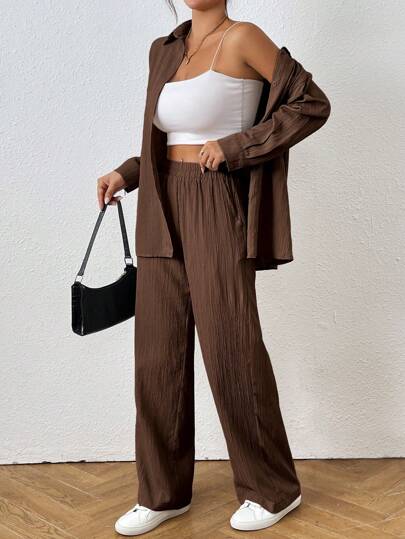 SHEIN PETITE Women Casual & Office Wear Solid Color Shirt And Pants 2 Pieces Set