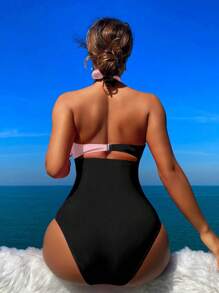 Swim SXY 1 件女式拼色露背吊带连体泳衣，适合度假和海滩 - 粉色 - 查看 2