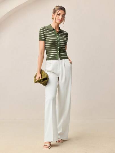 BizChic Áo dệt kim tay ngắn cổ bẻ kẻ sọc cài nút kiểu dáng thường ngày, hiện đại, thanh lịch, phù hợp cho công sở, đi làm hàng ngày, mang hơi hướng lãng mạn thập niên 90, thích hợp cho Giáng sinh, Năm mới, Ngày Valentine, Tiệc tùng, Bãi biển, Lễ tốt nghiệp, Thời trang, Lễ hội, Kỳ nghỉ, Khách dự đám cưới, Bữa ăn sáng muộn, Sân bay, Nhiều dịp khác nhau.