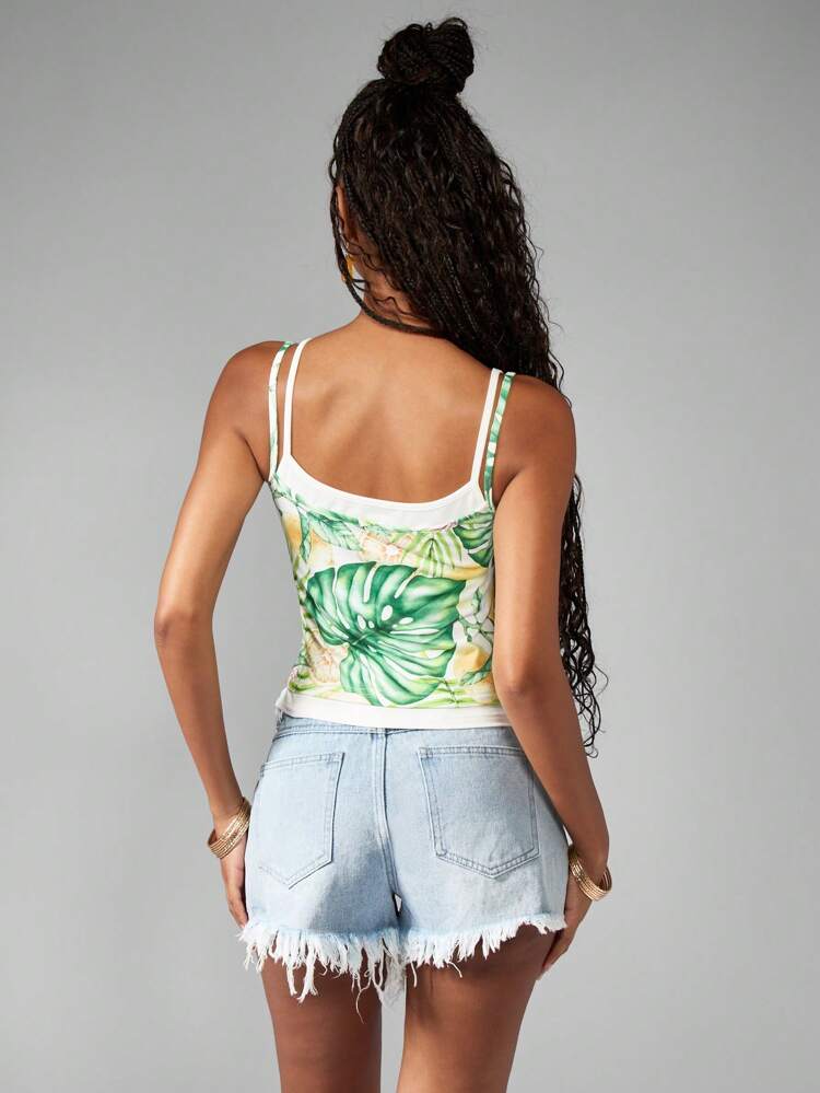 MISSGUIDED トロピカルフローラルダブルレイヤーモンステラプリントキャミソール