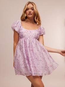 WESTFADE Robe mini d'été imprimée florale en jacquard, col en coupe basse, manches courtes bouffantes, nœud papillon, dos ouvert, style boho cowgirl country western pour concert, vacances à la plage, brunch, remise de diplôme - Prune - Voir 5