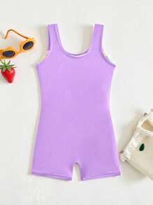 时尚女童拼接彩色豹纹运动连体泳衣套装适合海滩度假冲浪