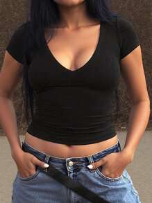 INAWLY Solva Plus Size Women Deep V-Neck Short Sleeve Fitted Casual T-Shirt - Black - View 3