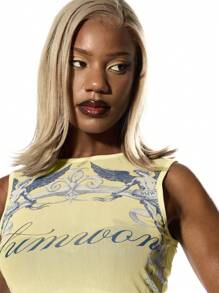 SUMWON WOMEN Áo tank top mùa hè dáng ngắn không tay, họa tiết baroque, in hình thiên thần, ôm sát, thời trang. - Màu vàng - Xem 6