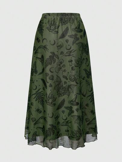 Fairycore Women Goth Style Bat Skull Moon Pumpkin Print A-Line Punk Mini Skirt