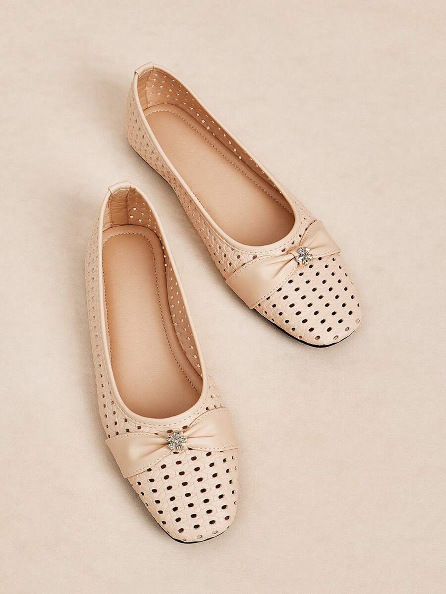 Rosivie 2025 Summer New French Square Toe Hollow Floral Diamond Fashionable Low Vamp Slip-On Shoes, Apricot, Breathable, Versatile Commuter Soft & Comfortable Flats For Women - Apricot - View 1