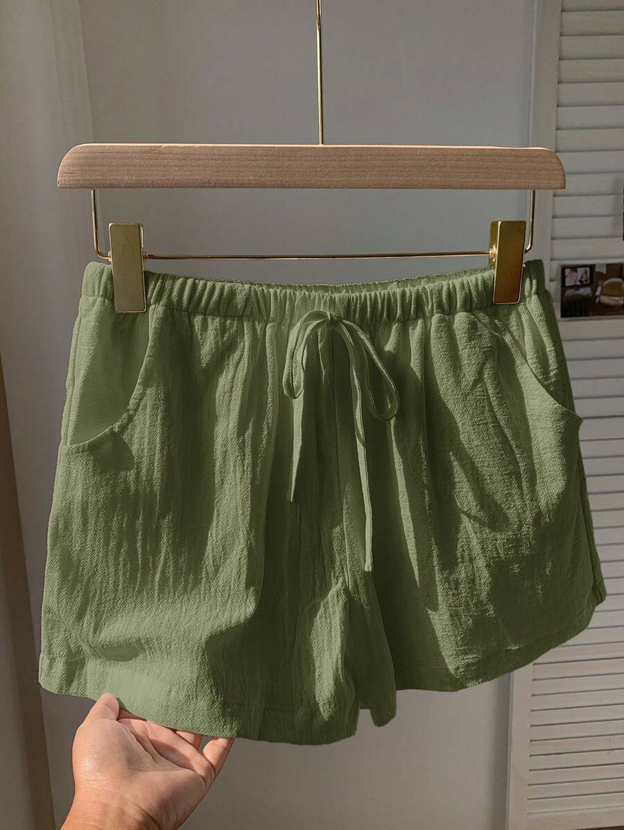 SHEIN EZwear 素色腰上打結闊腿短褲 - 綠色 - 查看 1