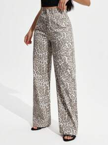 SHEIN ICON Women's Leopard Print Pocketed Wide Leg Loose Casual Jeans - Multicolor - View 5
