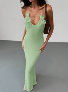 Aloruh Apricot Backless Summer Knitted Dress With Tie Up Neck, Slim Fit Holiday & Date Night Dress For Women