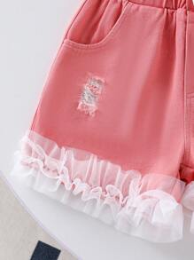 SHEIN Explorewe Áo len tay bồng thiết kế ngọc trai và nơ cho bé gái, áo phông thời trang, quần short denim viền lưới xếp nếp màu trắng, bộ đồ mùa hè - Hồng - Xem 7
