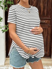 SHEIN Maternity Striped Round Neck Short Sleeve Casual T-Shirt With Side Slit Hem, Summer