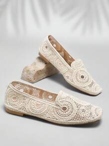 SHUZIA 女士优雅花卉针织透气材质舒适平底鞋 - 米色 - 查看 1