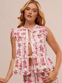 WESTFADE Áo denim không tay xếp nếp xếp tầng kẻ sọc hoa mùa hè thắt nơ phía trước phong cách Boho Cowgirl Nashville Rodeo - Nhiều màu - Xem 1