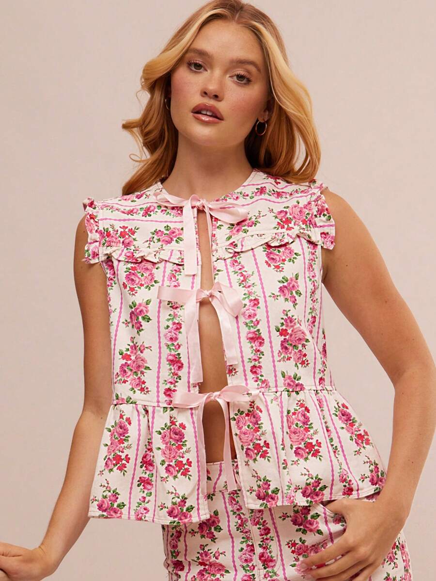 WESTFADE Áo denim không tay xếp nếp xếp tầng kẻ sọc hoa mùa hè thắt nơ phía trước phong cách Boho Cowgirl Nashville Rodeo - Nhiều màu - Xem 1