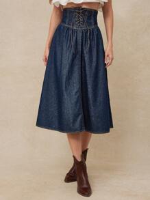 WESTFADE 西部系带低腰修身喇叭棉混纺牛仔中长裙夏季海滩度假 - 深色水洗藍 - 查看 4