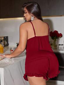 SHEIN Juego de pijama de talla grande de camiseta sin mangas con parches de encaje en unicolor, sexy - Burdeos - Ver 2