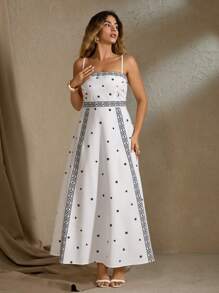 Roveilla Plus Size Modna Wakacyjna Vintage Wzór Nadruk Taliowana Sukienka Maxi Spaghetti Ramiączka - Wielokolorowe - Zobacz 5