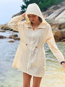 In My Nature Chaqueta con capucha y cintura con cordón de unicolor para protección solar para mujeres - Caqui - Ver 4