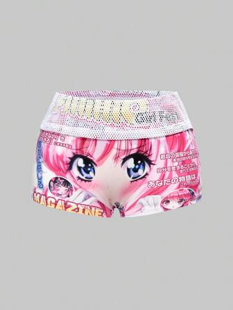 J-Fashion Pantalones cortos de cintura baja con parches gráficos de anime de estilo Y2K en malla