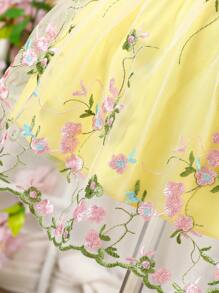 SHEIN Glamorique Kids Váy công chúa hoa lưới tay bồng màu hồng thanh lịch cho bé gái mùa xuân/hè - Màu vàng - Xem 6