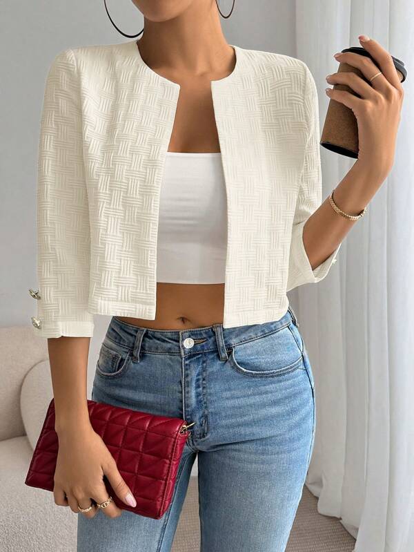 SHEIN Essnce Women's Casual Fashion Old Money Style  Solid Open Front Crop Three-Quarter Sleeves Jacket Work Women Jacket Teacher Outfits Teacher Jacket Fall Women Clothes Business Women Clothes