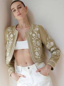 Aveloria Modichic Stylish Unique High-End Colorblock Short Jacket For Women, Featuring Elaborate Embroidery Pattern And Round Neck, Versatile Design